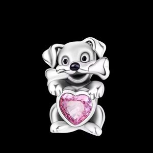 Silver Dog Charm with Pink Heart For PANDORA
